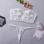 Ensemble de lingerie sexy deux pièces : haut tube transparent brodé, string et tanga.