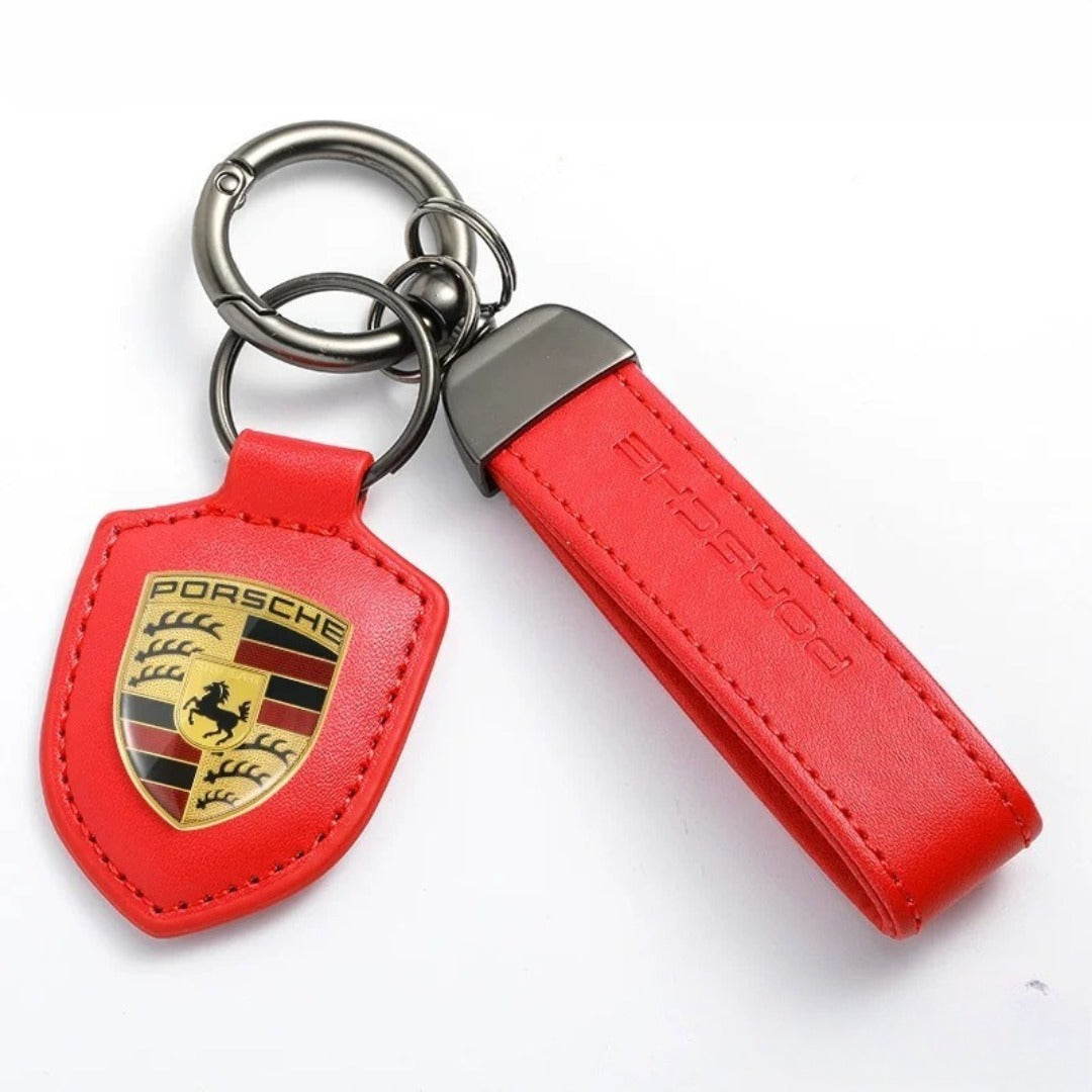 Genuine Leather Porsche Crest Keychain