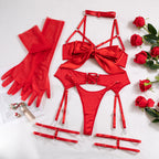 Sechsteiliges Set aus Bondage-Dessous: Hohlgürtel, lange Handschuhe, Brustgurt, sexy Dessous, G-String und Tanga
