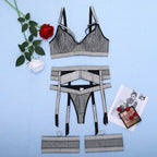 Schwarzer und silberner sexy Damen-String mit Strumpfhaltern