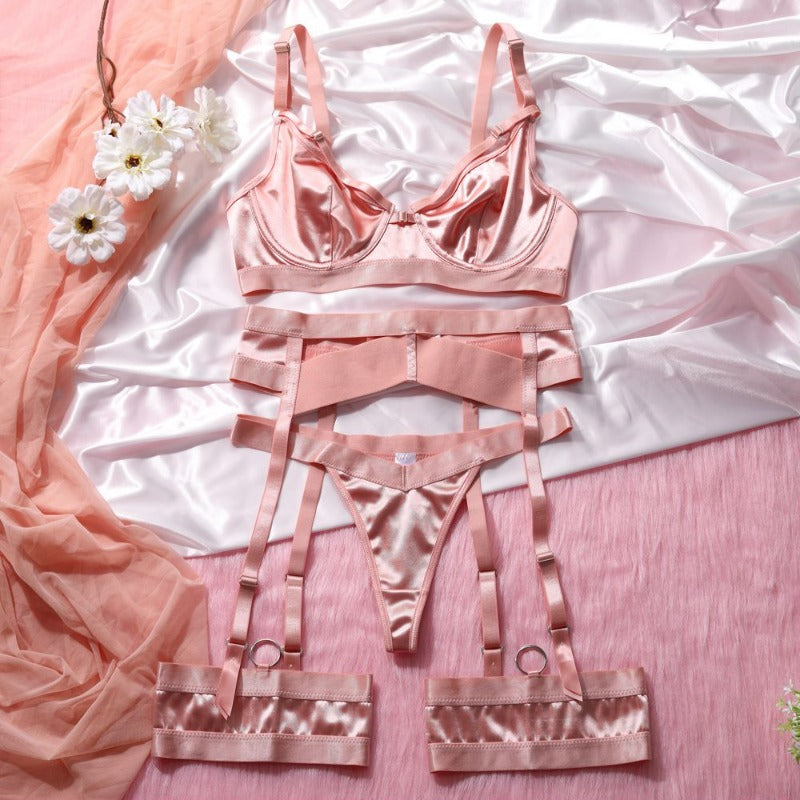 String rose lotus sexy pour femme, avec jarretières et tanga.