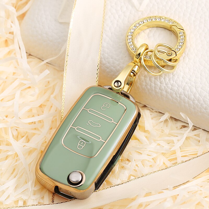 Carsine Volkswagen Car Key Case Golden Edge Green / Key case + O chain